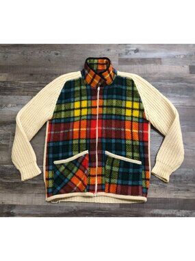 Vtg Vintage Gaeltarra Womens Large Full Zip Multi Color Plaid Sweater